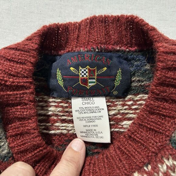 Vintage American Portrait Wool/Cotton/Nylon Grandpa Sweater Size S Red Fair Isle - Picture 3 of 5